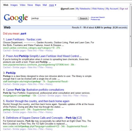 Google Design Tests - fehlende Unterstreichungen beim Seiten Titel und Zusatz Funktionen für Note This, Filter und History zur gefunden Seite