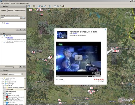 Google Earth mit aktivierten Youtube Layer und Konzert von Rammstein in Berlin