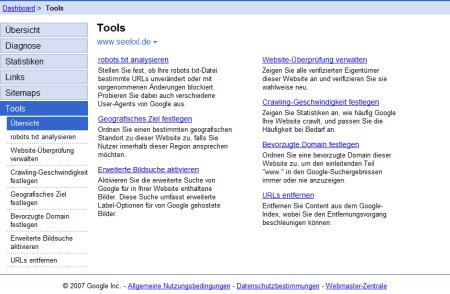 Google Webmaster Tools mit Möglichkeit die Webseite einem geographischen Ziel zuzuordnen
