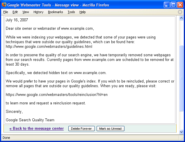 Beispiel Nachricht aus dem Google Webmaster Tools Nachrichten Center