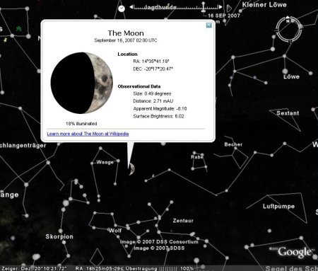 Mond Informationseben im Google Earth 4.2 mit Sky
