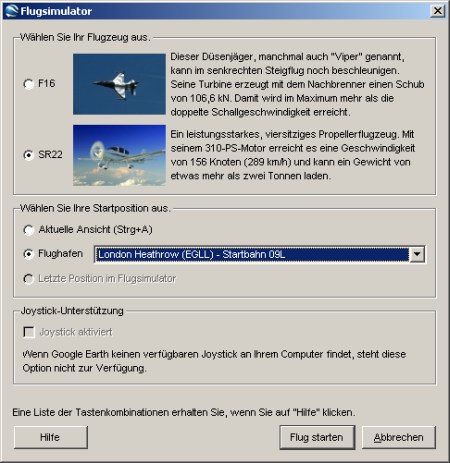 Auswahl der Flugzeugtypen und seine Start Flughafens im Google Earth Flugsimulator