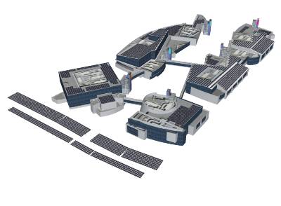 Googleplex Headquarter als 3D Sketchup Google Modell mit der neuen Solaranlage auf Dach und Parkplatz