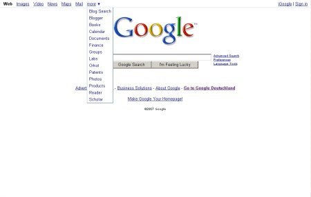 Google Startseite - Drop Down Menü für die weiteren Google Services