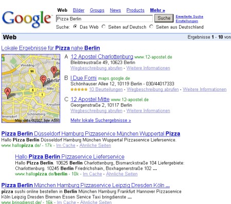 Google Suche nach Pizza - mit Zusatzanzeige der Einräge aus Google Maps