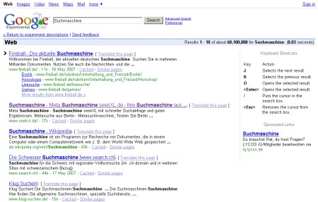 Google Feature in Google Experimental Search - Keyboard Shurtcut