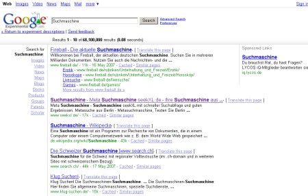 Google Feature in Google Experimental Search - Verfeinerungssuche