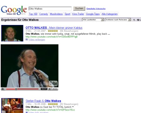 Google Video Suche mit Möglichkeit sich Videos in der Suchausgabe anzusehen