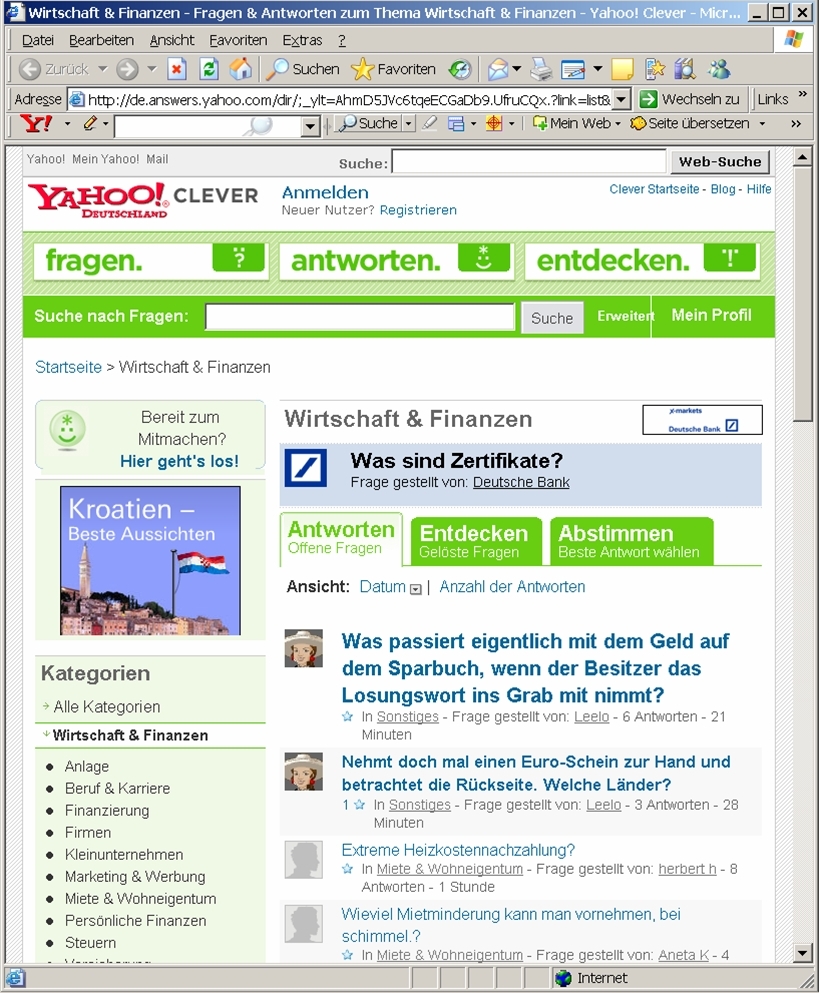 Yahoo Clever Rubrik Wirtschaft & Finanzen wird von Deutsche Bank X