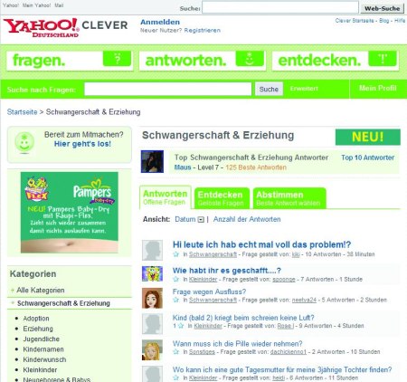 Procter & Gamble als Yahoo Clever Sponsor für die Yahoo! Clever Rubrik Schwangerschaft & Erziehung