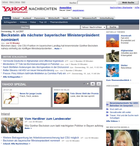 Yahoo Nachrichten - Yahoo! Nachrichten Seite ab Sofort mit Web 2.0 Features