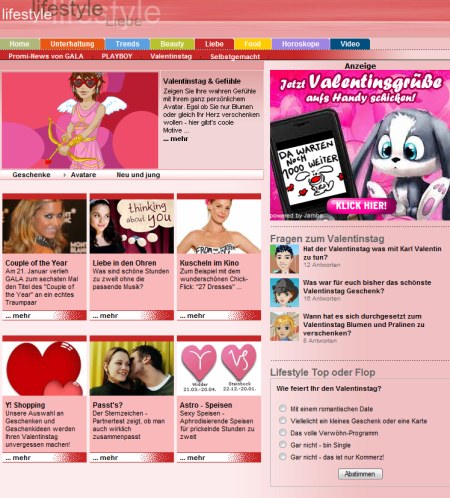 Lifestyle Bereich von Yahoo zum Valentinstag 2008